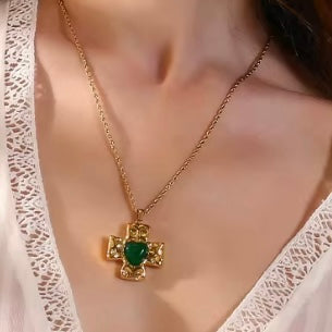 Hammered cross with agate gemstone heart - Green