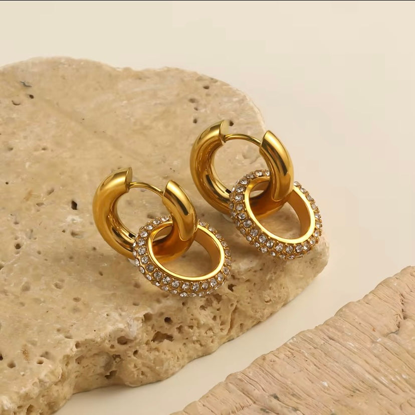 8k gold plated stainless steel interlocked double huggie hoop earrings with CZ pavé inner hoop, hypoallergenic tarnish resistant stacked hoop earrings by The Intertwined Collective, Dallas Texas