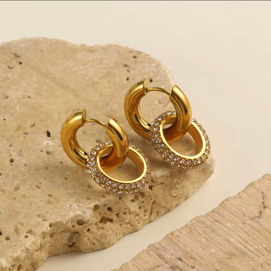 8k gold plated stainless steel interlocked double huggie hoop earrings with CZ pavé inner hoop, hypoallergenic tarnish resistant stacked hoop earrings by The Intertwined Collective, Dallas Texas