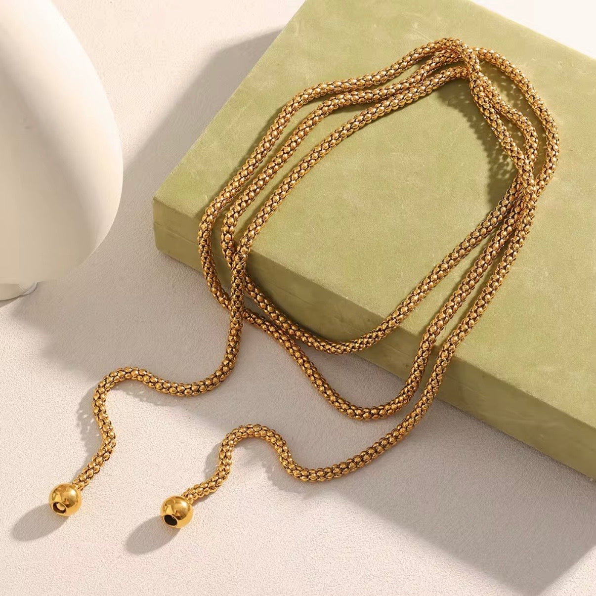 18k gold plated stainless steel long popcorn chain lariat necklace and belt with gold ball ends, 151cm / 59.4 inches, hypoallergenic tarnish resistant versatile chain accessory by The Intertwined Collective, Dallas Texas