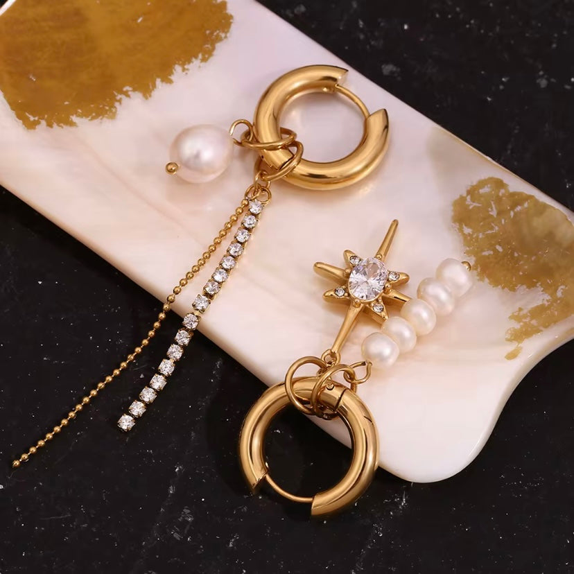 18k gold plated stainless steel mismatched huggie earrings with baroque pearl CZ north star charm and CZ tennis chain drop, hypoallergenic tarnish resistant editorial statement earrings by The Intertwined Collective, Dallas Texas
