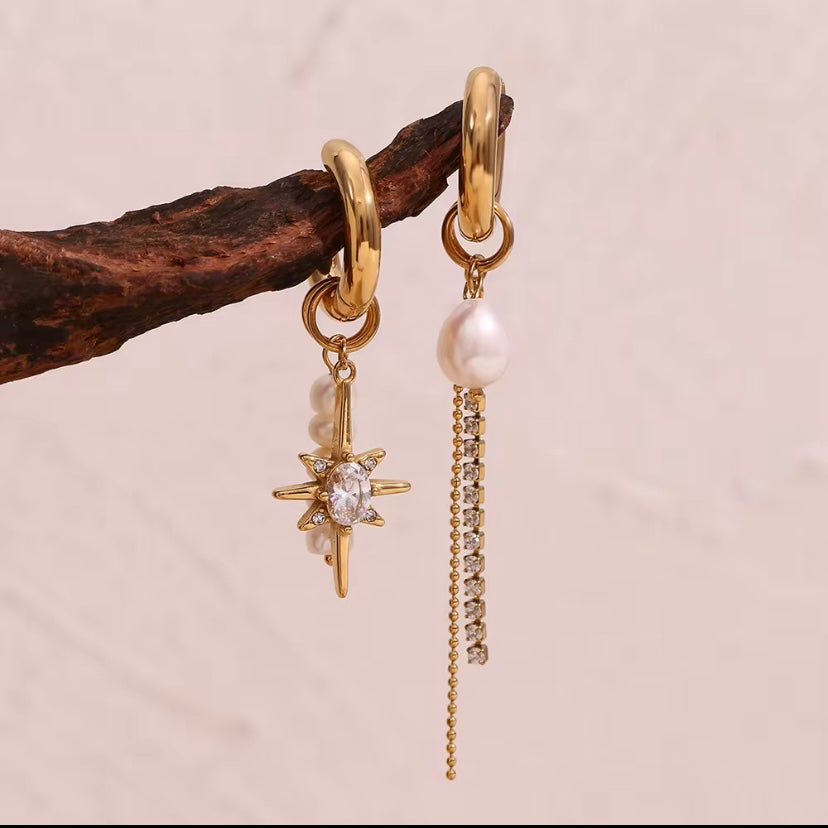 18k gold plated stainless steel mismatched huggie earrings with baroque pearl CZ north star charm and CZ tennis chain drop, hypoallergenic tarnish resistant editorial statement earrings by The Intertwined Collective, Dallas Texas
