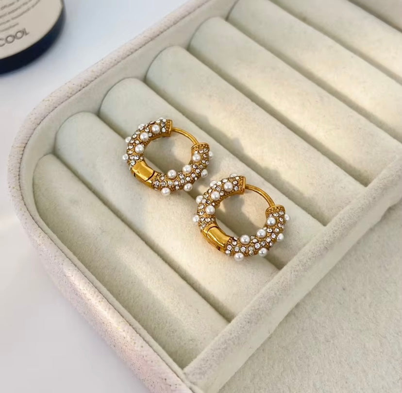 18k gold plated stainless steel pearl and CZ pavé encrusted huggie hoop earrings, hypoallergenic tarnish resistant bridal sparkle huggie earrings by The Intertwined Collective, Dallas Texas