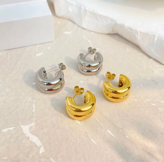 18k gold plated and silver tone stainless steel double band chunky C-hoop earrings in gold and silver, hypoallergenic tarnish resistant everyday stacked hoop earrings by The Intertwined Collective, Dallas Texas
