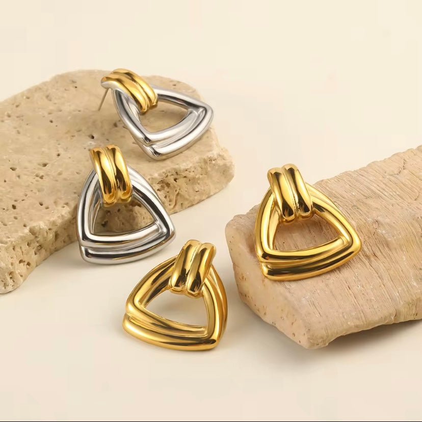 18k gold plated stainless steel statement triangle drop earrings in gold and two-tone gold silver finish, hypoallergenic tarnish resistant geometric earrings by The Intertwined Collective, Dallas Texas