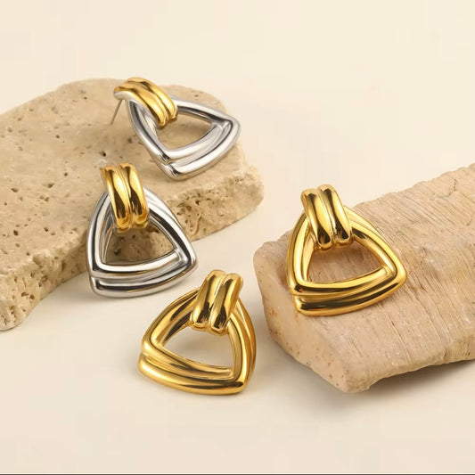 18k gold plated stainless steel statement triangle drop earrings in gold and two-tone gold silver finish, hypoallergenic tarnish resistant geometric earrings by The Intertwined Collective, Dallas Texas