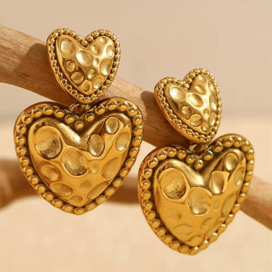 Textured Dot Double Heart Drop Earrings