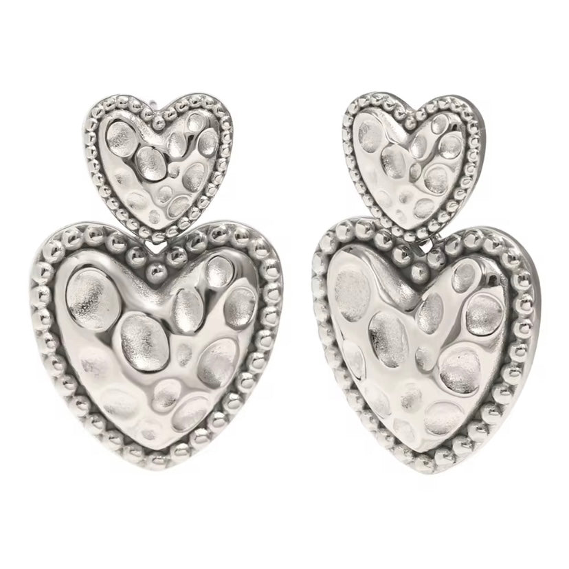 Textured Dot Double Heart Drop Earrings