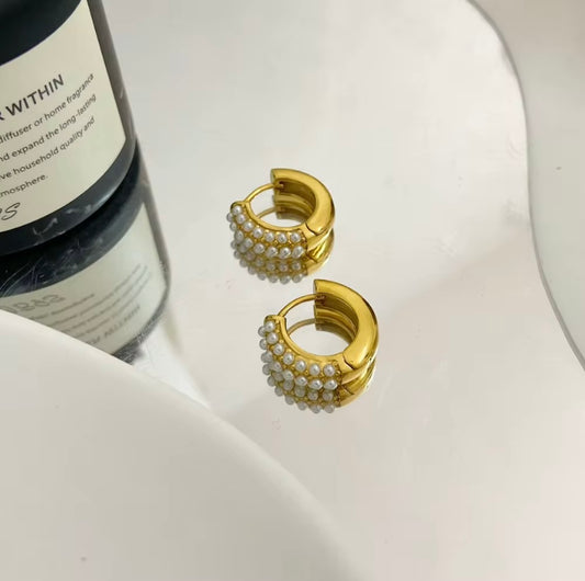 18k gold plated stainless steel triple row pearl encrusted huggie hoop earrings, hypoallergenic tarnish resistant bridal pearl huggie earrings by The Intertwined Collective, Dallas Texas