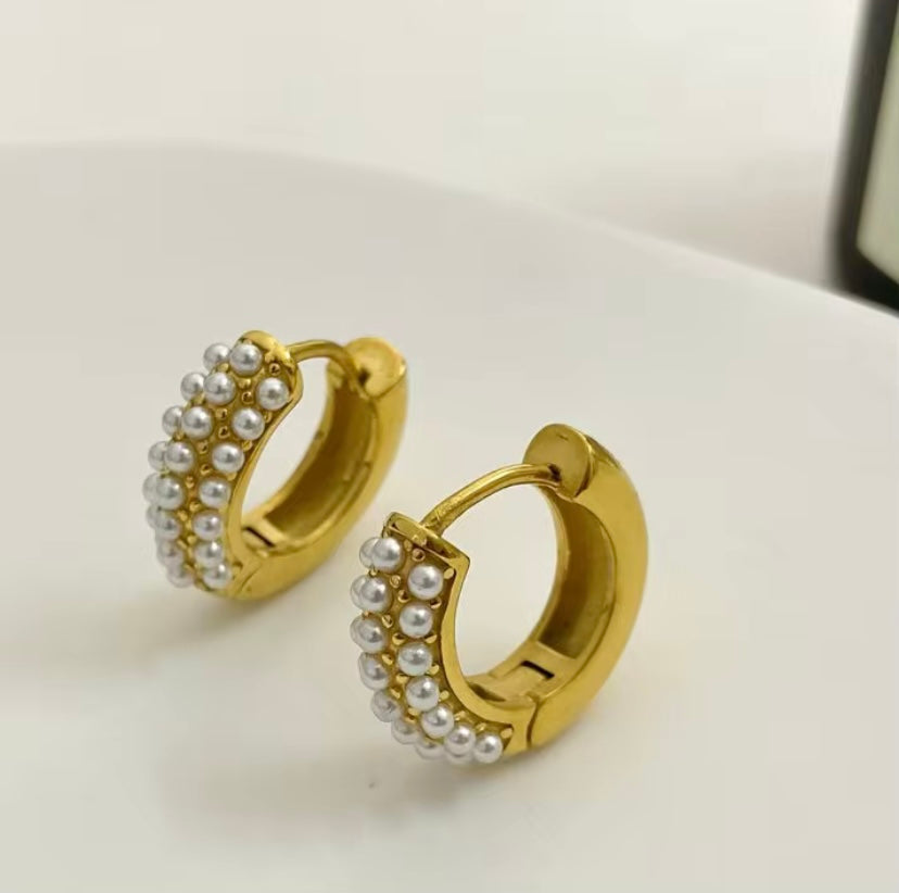 18k gold plated stainless steel triple row pearl encrusted huggie hoop earrings, hypoallergenic tarnish resistant bridal pearl huggie earrings by The Intertwined Collective, Dallas Texas