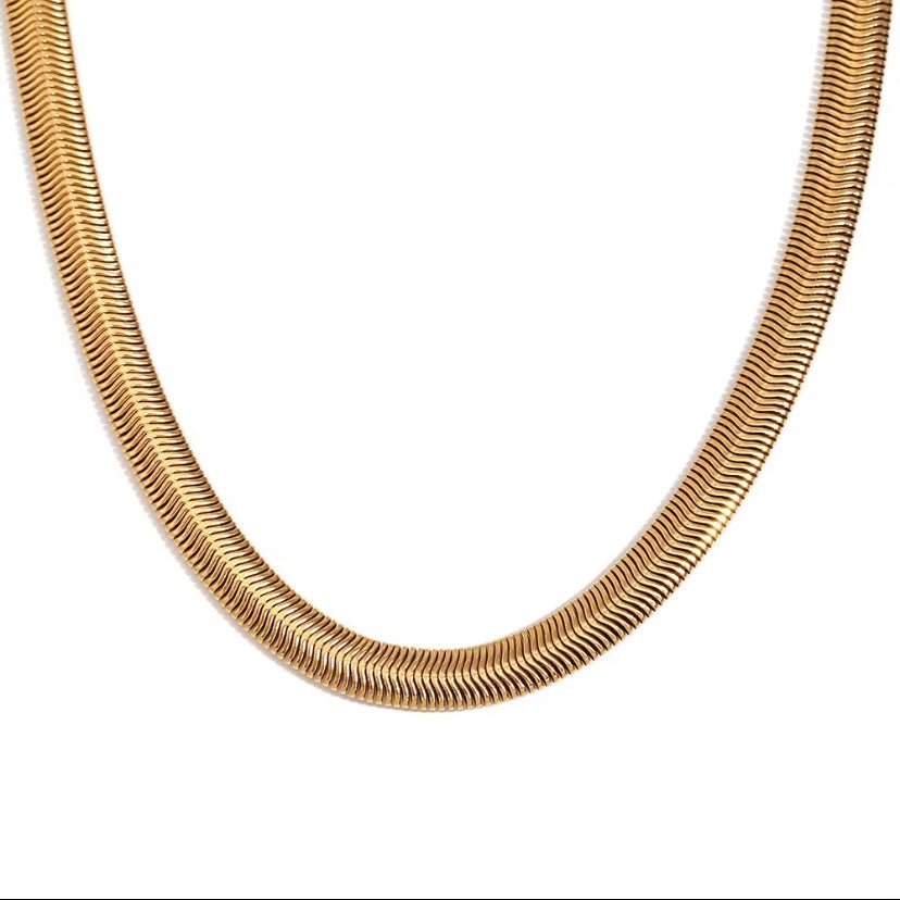 18k gold plated stainless steel wide flat snake herringbone chain necklace in gold and silver, hypoallergenic tarnish resistant everyday luxury chain by The Intertwined Collective, Dallas Texas