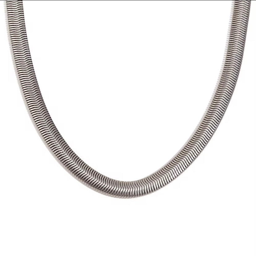 18k gold plated stainless steel wide flat snake herringbone chain necklace in gold and silver, hypoallergenic tarnish resistant everyday luxury chain by The Intertwined Collective, Dallas Texas