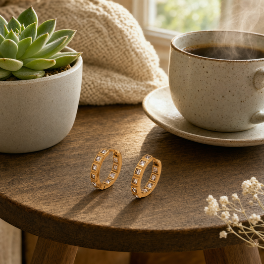 18k gold channel-set emerald-cut CZ eternity huggie hoop earrings displayed on a round wood side table with a small potted succulent and steaming coffee— hypoallergenic water-resistant tarnish-resistant stackable everyday luxury huggies by The Intertwined Collective, Dallas Texas