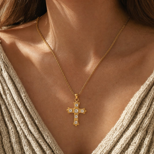 Gold CZ cross pendant necklace on rope chain, hypoallergenic stainless steel jewelry from The Intertwined Collective, Dallas Texas