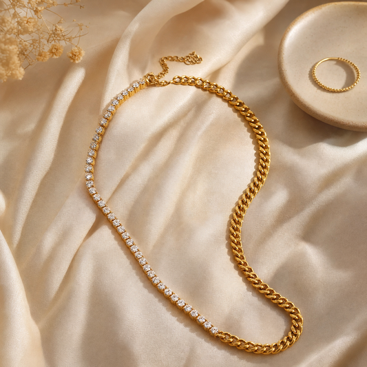 Dual Shine Tennis & Chain Necklace in 18k gold plated stainless steel with CZ stones, The Intertwined Collective, Dallas Texas